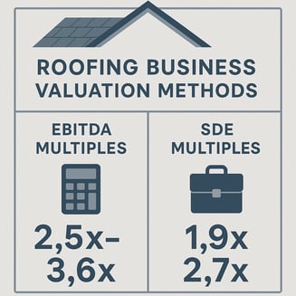 Create a clean professional infographic comparing roofing business valuation methods Include two labeled columns one for EBITDA Multiples 25x36x and one for SDE Multiples 19x27x Add small icons next to each calculator for EBITDA briefcase for SDE Use-1